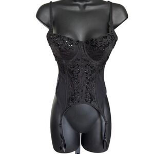 Vintage y2k Victorias‎ Secret Corset Bustier Black Mesh Lace Beaded Sz 34B